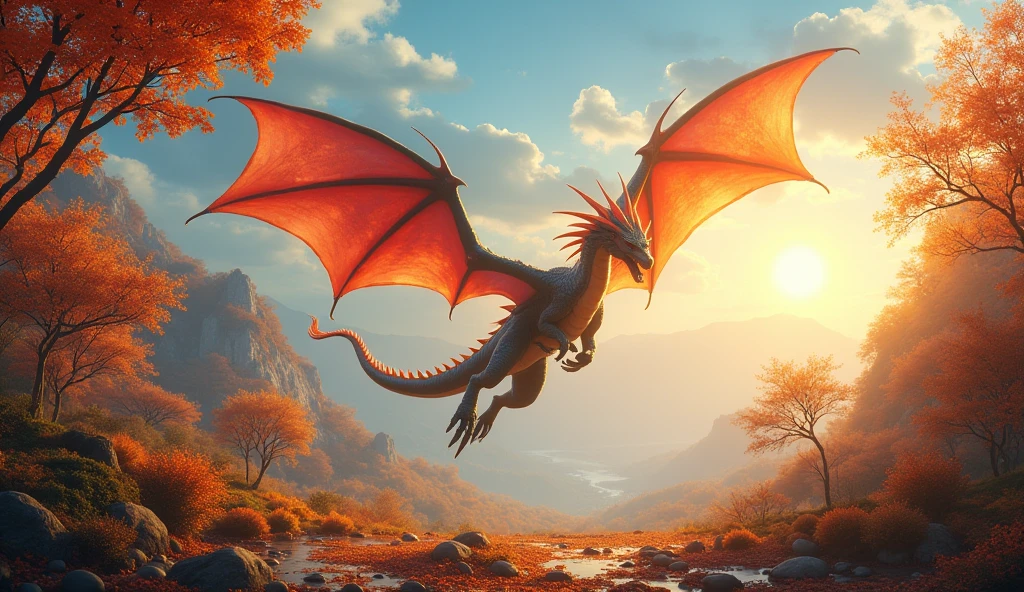 Beautiful art style,dragon,8k,Fabulous scene,Fall,Golden sunshine,Ray Tracing,Normal