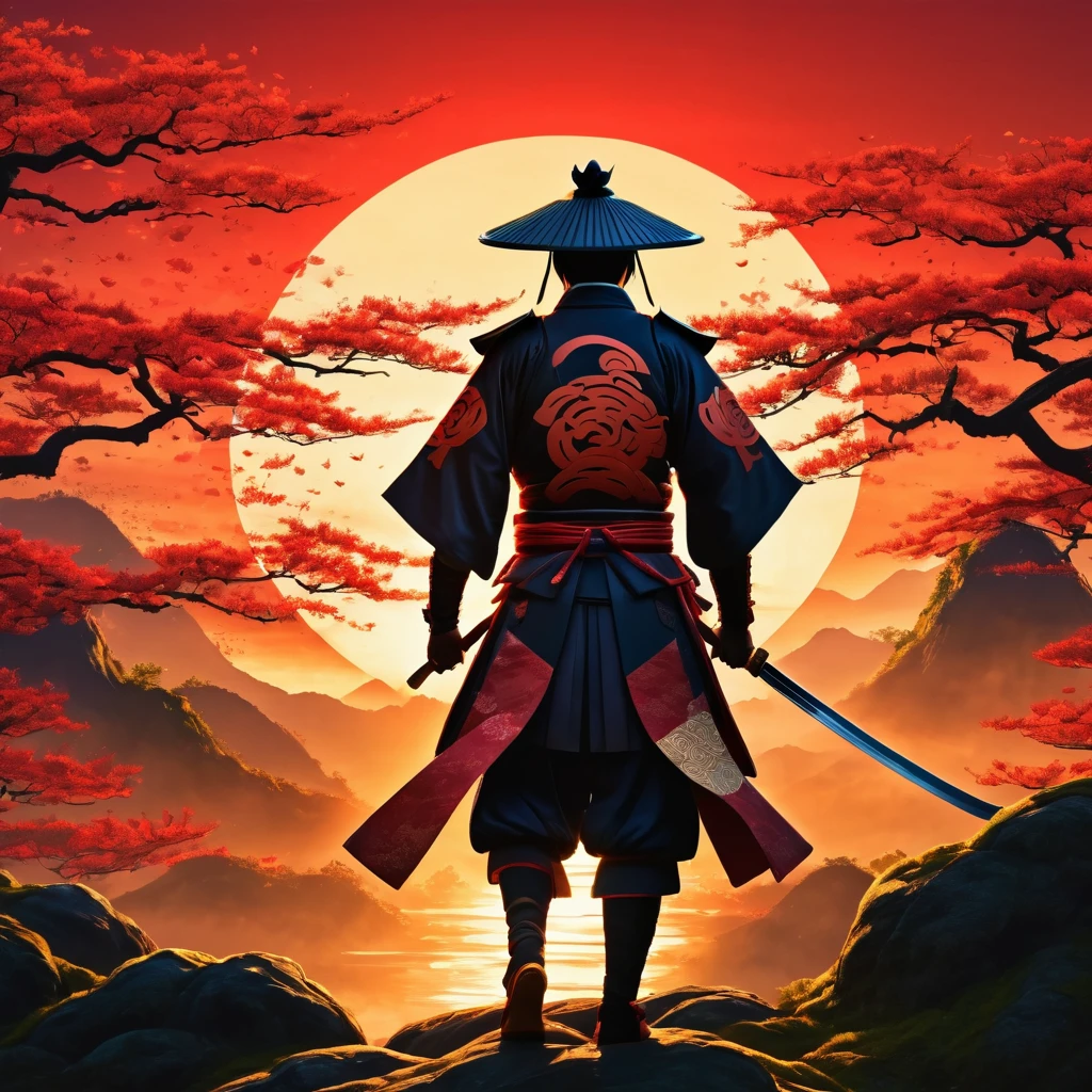 (work of art, best qualityer:1.2), Magic samurai, samurai under the magical rising sun, Magic Costume, 3D crisis, traditional japanese colors, rear view,