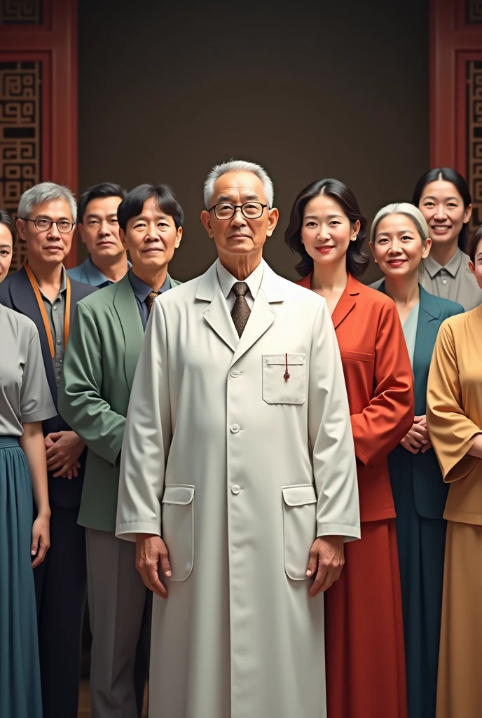 There are seven men and ten ladies.One of the men is 60 years old chinese traditional physician who wearing white duty coat above the chinese traditional suit.