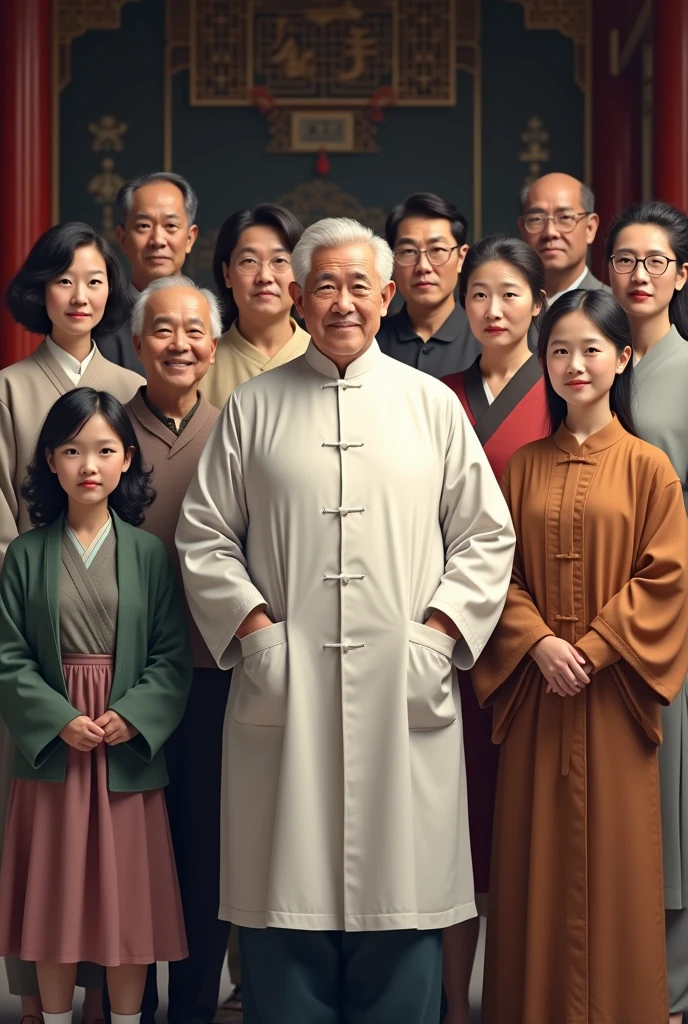 There are seven men and ten ladies.One of the men is 60 years old chinese traditional physician who wearing white duty coat above the chinese traditional suit.
