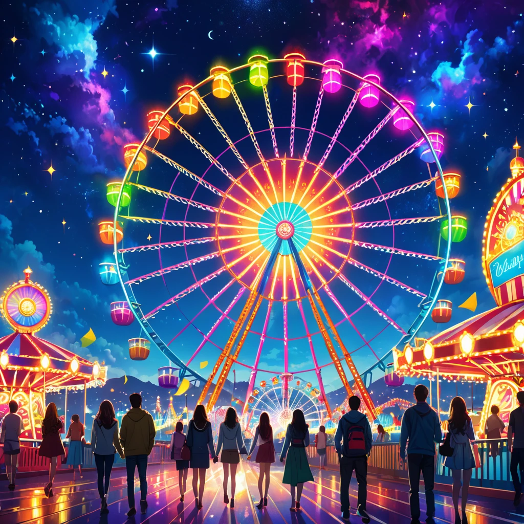 "Create a wallpaper featuring a couple riding a colorful Ferris wheel at night. The design should include bright, vibrant lights of the Ferris wheel, a starry sky, and playful amusement park details. Use bold colors to capture the fun and excitement of the scene."
High resolution, masterpiece, accurate, bestquality, High detail, high quality, Very detailed, dark,longhairVery detailed, Ultra high definition,