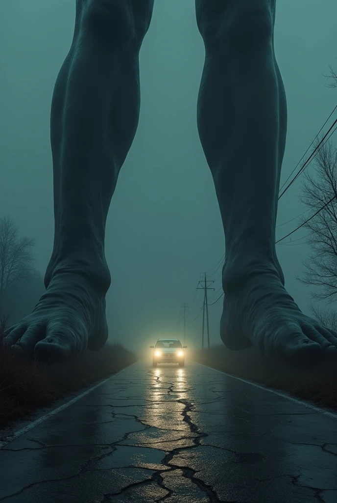 +a giant pair of legs stepping on a cracked road at night, horror scene, clay toys, (best quality,4k,8k,highres,masterpiece:1.2),ultra-detailed,(realistic,photorealistic,photo-realistic:1.37),HDR,UHD,studio lighting,ultra-fine painting,sharp focus,physically-based rendering,one car past by. Fogging night. Rain . extreme detail description,professional,vivid colors,bokeh,horror,dark,gritty,ominous atmosphere,moody lighting,dramatic shadows,claymation,creepy,unsettling,disturbing,macabre,intense,terrifying,chiaroscuro,cinematic,suspenseful,nightmarish