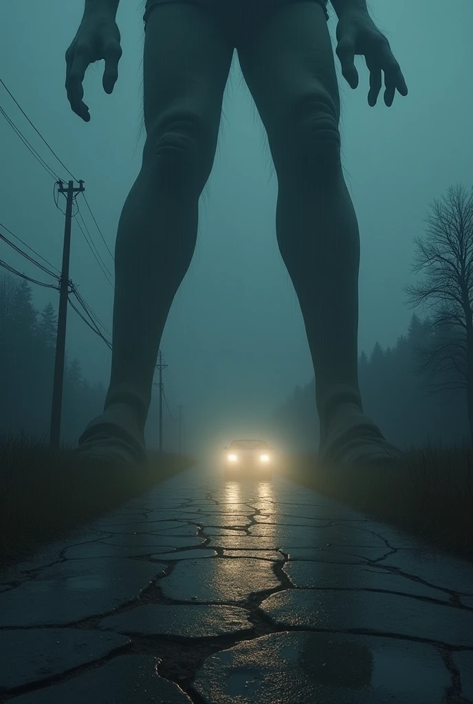 +a giant pair of legs stepping on a cracked road at night, horror scene, clay toys, (best quality,4k,8k,highres,masterpiece:1.2),ultra-detailed,(realistic,photorealistic,photo-realistic:1.37),HDR,UHD,studio lighting,ultra-fine painting,sharp focus,physically-based rendering,one car past by. Fogging night. Rain . extreme detail description,professional,vivid colors,bokeh,horror,dark,gritty,ominous atmosphere,moody lighting,dramatic shadows,claymation,creepy,unsettling,disturbing,macabre,intense,terrifying,chiaroscuro,cinematic,suspenseful,nightmarish