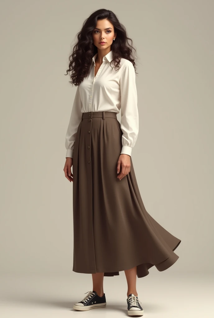 A brunette woman, forty years old, Bullish, long brown hair, coily hair, small brown eyes, Round face, wearing long skirt with white shirt, wearing sneakers.