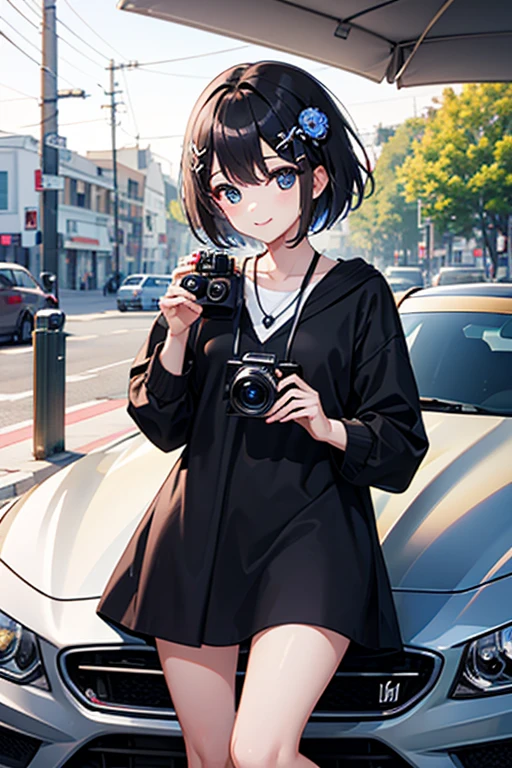 Highest quality、Black Hair、Iris、short hair、、cute、、、Small hair ornament、1 person、Photographer、Car photography、Take a picture of the car、Have a single-lens reflex camera、Taking pictures with a happy expression