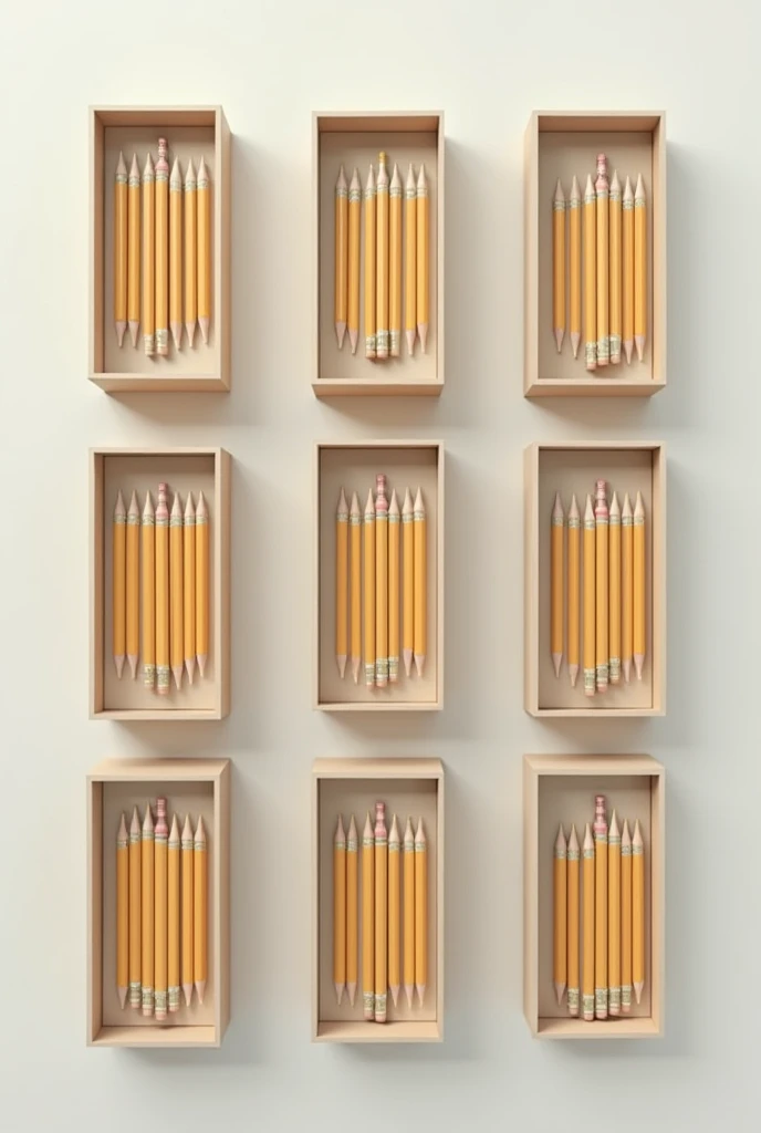 Create nine boxes that contain six pencils inside each one.
