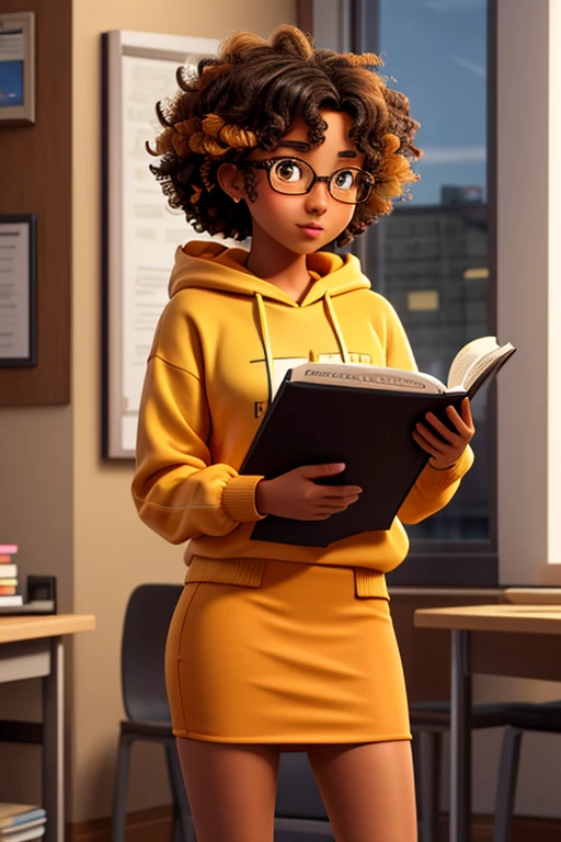 Masterpiece, 1girl, solo, 20 year old college student, she has tan-bronze skin with some freckles, short curly black hair with orange streaks, amber colored eyes, (she's wearing a yellow hoodie, black pencil skirt, reading glasses)