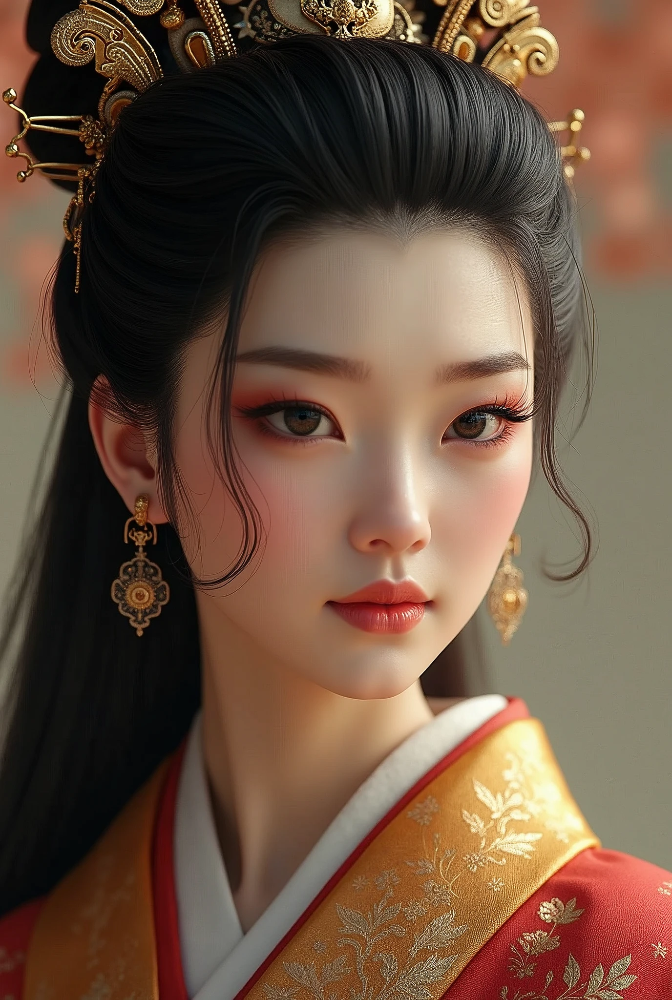a beautiful detailed portrait of Empress Himiko, the first known female ruler of ancient Japan, exquisite detailed face and eyes, long eyelashes, intricate hairstyle, wearing ornate ceremonial robes, photorealistic, highly detailed, 8k, hyperrealistic, dramatic lighting, warm color palette, masterpiece