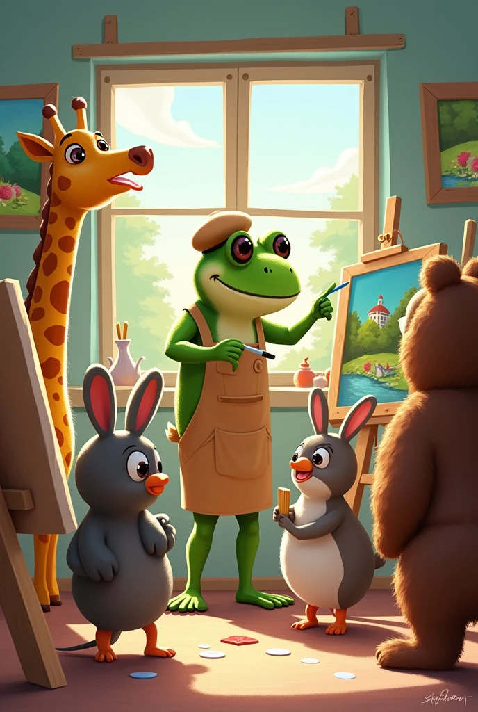 Make me an illustration of animals taking classes where the teacher is a frog giving art classes