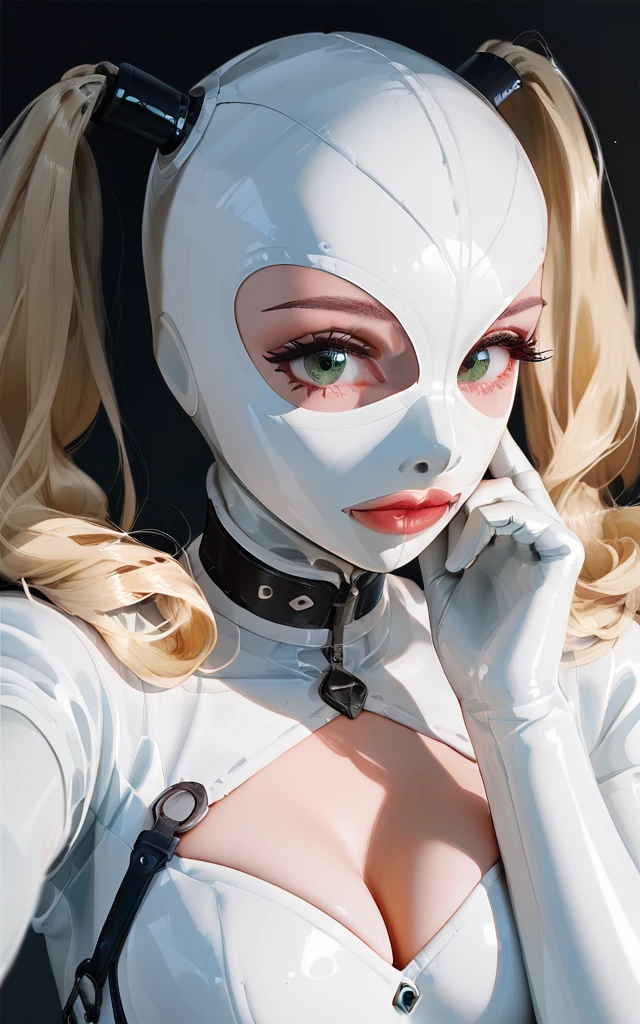 1 girl, masterpiece, best quality, white latex bodysuit, white latex full hood, blonde ponytails, white latex gloves, white latex socks, elaborate sexy design with black accents, looking at POV lustfully, sexy pose, emerald green eyes