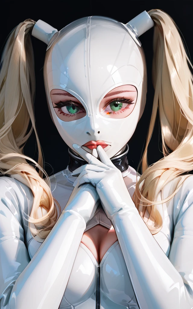 1 girl, masterpiece, best quality, white latex bodysuit, white latex full hood, blonde ponytails, white latex gloves, white latex socks, elaborate sexy design with black accents, looking at POV lustfully, sexy pose, emerald green eyes