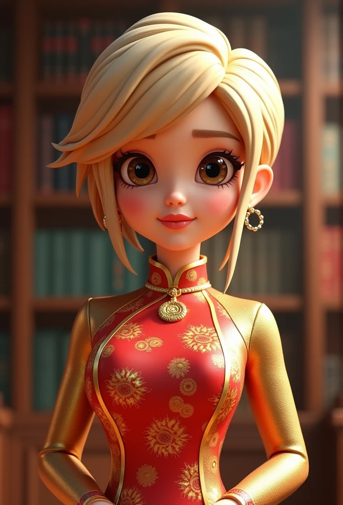 金と赤のアオザイを着た女性のCartoon characters、at the library、She has a very short blonde pixie-style animated character hair, Stylized characters, Animation-style rendering, 3d stylized, Arnold Maya rendering, Stylized 3D rendering, toon render keyshot, 3D text, 3D text, Stylized 3D rendering, 3D textレンダリング, Cartoon characters, Close-up persona, Text pose, （Pixar-style） （Master part：1. 2) (Bokeh) (Highest quality) (Detailed skin) (Detailed Texture) (8k) (Argilla) (Cinematic Lighting) (Sharp Focus)、bust９０centimeter