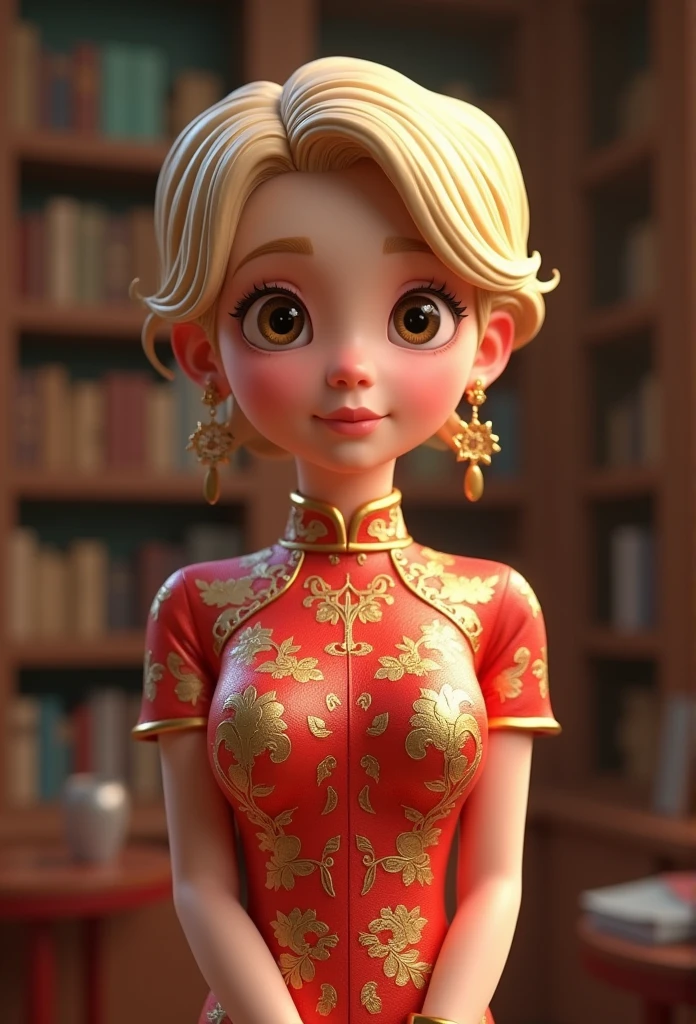 金と赤のアオザイを着た女性のCartoon characters、at the library、She has a very short blonde pixie-style animated character hair, Stylized characters, Animation-style rendering, 3d stylized, Arnold Maya rendering, Stylized 3D rendering, toon render keyshot, 3D text, 3D text, Stylized 3D rendering, 3D textレンダリング, Cartoon characters, Close-up persona, Text pose, (Pixar-style) (Master part:1. 2) (Bokeh) (Highest quality) (Detailed skin) (Detailed Texture) (8k) (Argilla) (Cinematic Lighting) (Sharp Focus)、bust90centimeter