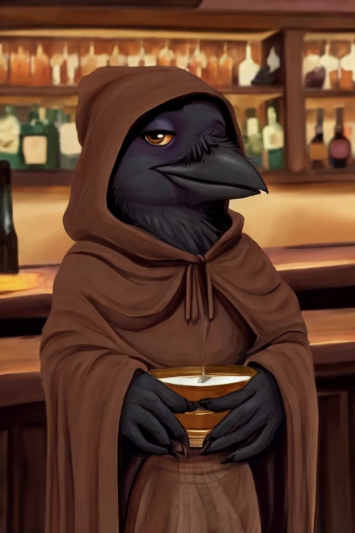 Baby crow, wearing a brown cloak and a brown cap, holding a flute inside a bar