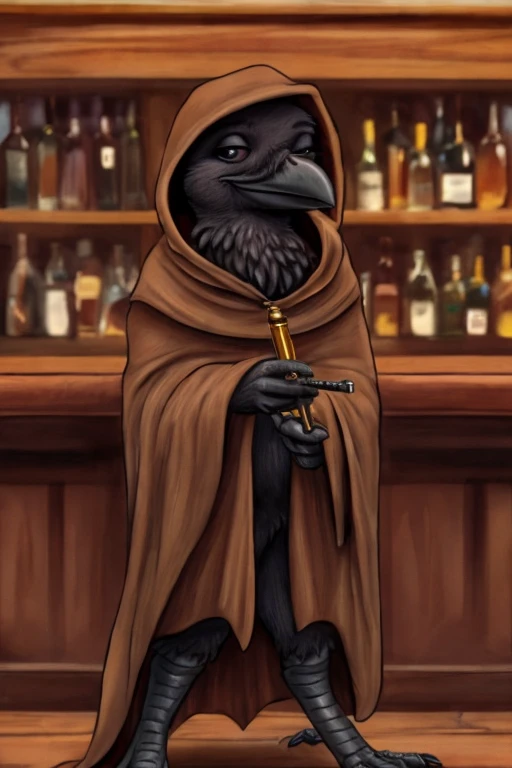 Baby crow, wearing a brown cloak and a brown cap, holding a flute inside a bar