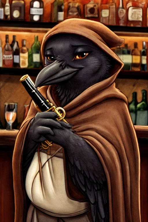 Baby crow, wearing a brown cloak and a brown cap, holding a flute inside a bar