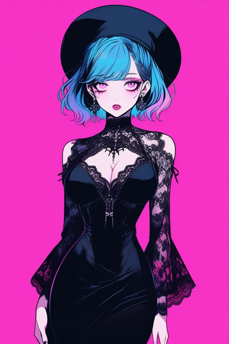 (masterpiece,Highest quality), Illustrator, anime , Realistic ,sketch , 1 person, model, lip, A sheer gothic black dress with lace and a revealing cut, order, Blue and pink gradient background, Neon Color Hair, Big Breasts, Big eyes, Upper Body, Sexy pose, Texture Trim, Russian, (masterpiece,Highest quality)