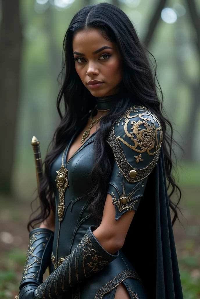 Present Zendaya as Aria, a graceful and powerful warrior with a sleek, athletic build. She has long, flowing hair and striking, sharp eyes. Outfit her in a dark, elegant armor with intricate, glowing patterns and a slender, magical sword. Her expression should convey a blend of fierce determination and mystical grace.