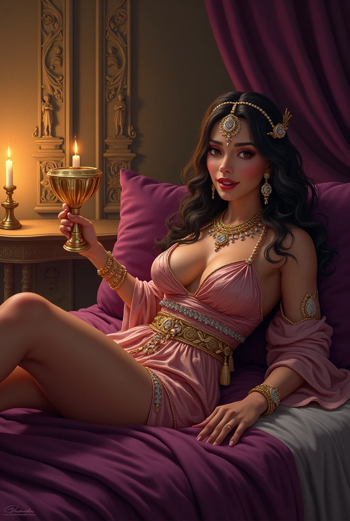 Yakshini Ratipriya - The Lover of Pleasure"
A captivating Yakshini named Ratipriya, reclining on a bed of soft, velvet cushions in an opulent chamber. She is surrounded by luxurious drapery in shades of deep purple and gold, with candles casting a warm, inviting light. Her expression is one of contentment and allure, as she holds a golden goblet in one hand and delicately plays with her hair with the other. She wears a richly embroidered silk robe, and her jewelry sparkles in the candlelight. The background includes intricate wall carvings depicting scenes of love and desire, adding to the ambiance of indulgence and pleasure.