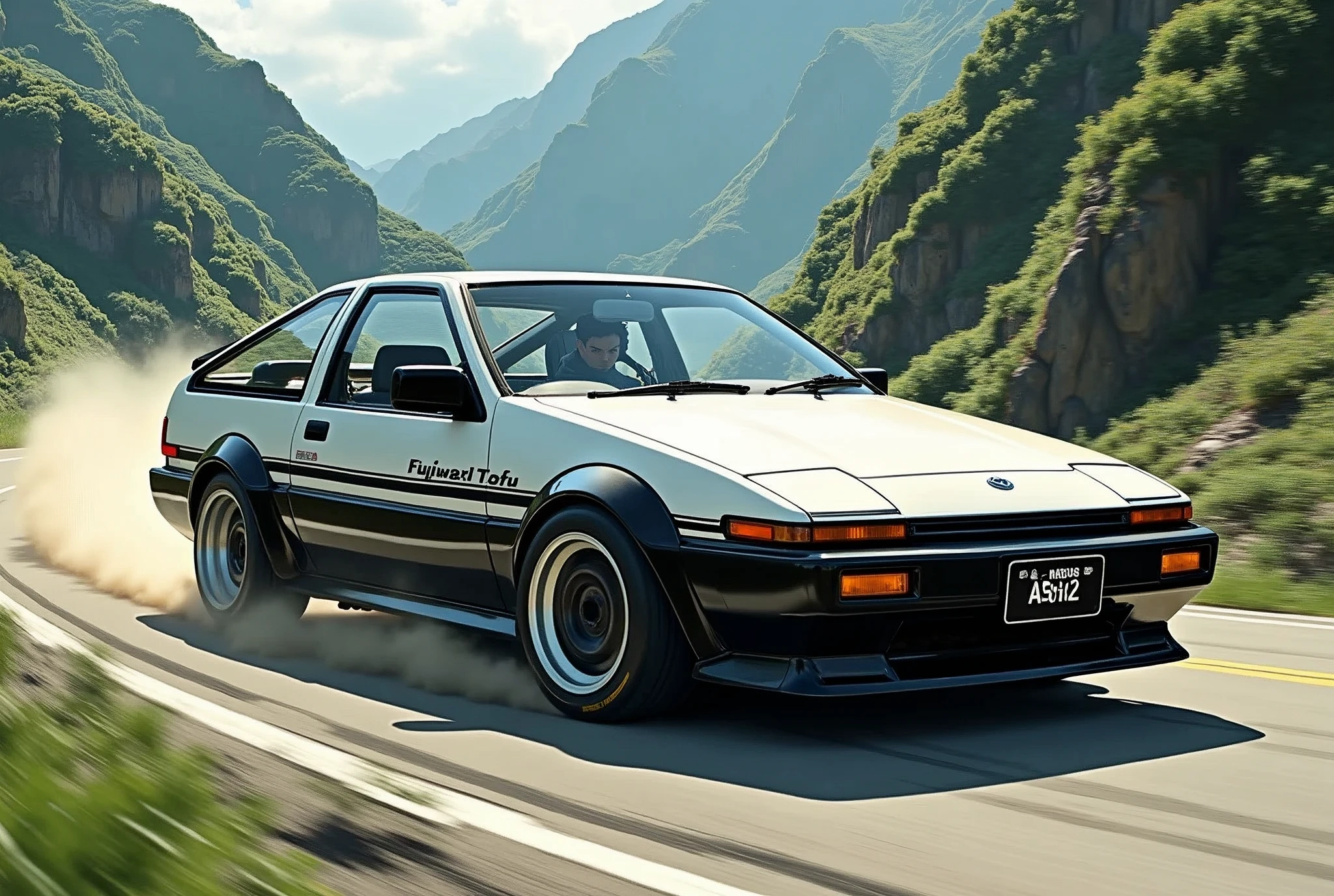 Photo of Toyota AE86, SPRINTER TRUENO, two-tone black and white car driving on a mountain pass, text “Fujiwara Tofu” on the door.