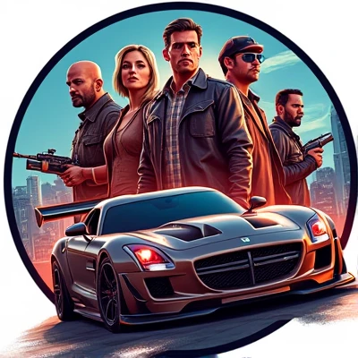 ROUND LOGO IN SPANISH WITH THE NAME OF DistritoS LatinoS RP ROLE PLAYING GTA PLAY IN 3D WITH A CITY IN THE BACKGROUND INSIDE THE CIRCLE WEAPONS CARS WOMEN AND MEN