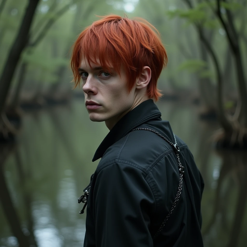 Red-haired man with straight, short hair in a swamp wearing a macabre outfit, but he is handsome. 