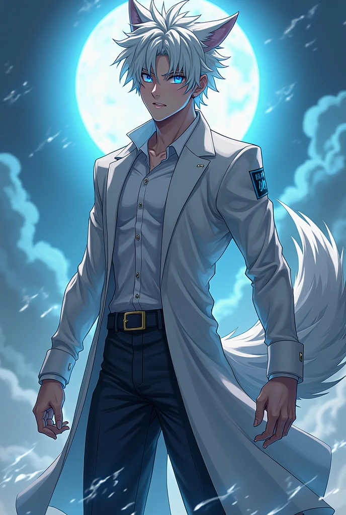 A teenage anime boy who's 6'3 and has fair skin,white hair,blue eyes and jas ergokinesis and has a wolf tail and wolf ears