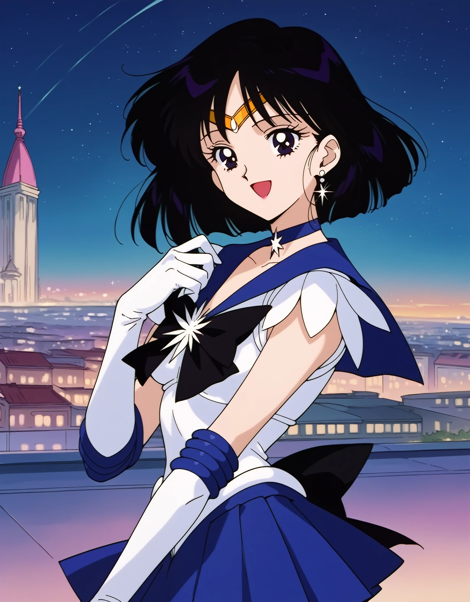 score_9, score_8_up, score_7_up, masterpiece, best quality, very aesthetic, absurdres, source_anime, 1990s \(style\), beautiful detailed eyes, BREAK 1girl, solo, hotaru tomoe, short hair, black hair, black eyes, small breasts, shiny clothing, sailor saturn, sailor senshi uniform, purple sailor collar, tiara, jewelry, earrings, star choker, star brooch, star (symbol), bow, back bow, white elbow gloves, purple pleated skirt, BREAK smile, open mouth, sexy pose, cowboy shot, wind, outside, city, street, night, dark sky,