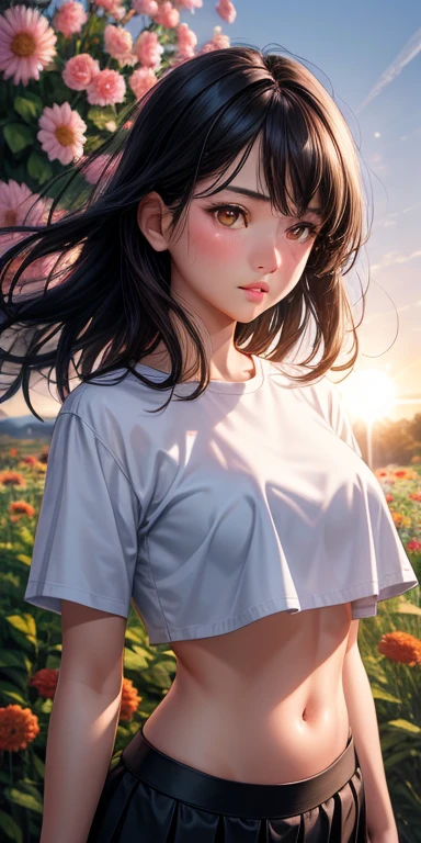 realistic, 1girl, black hair, brown eyes, glowing eyes, crop top, skirt, closed lips, blush, night, flowers, sun, sunlight,