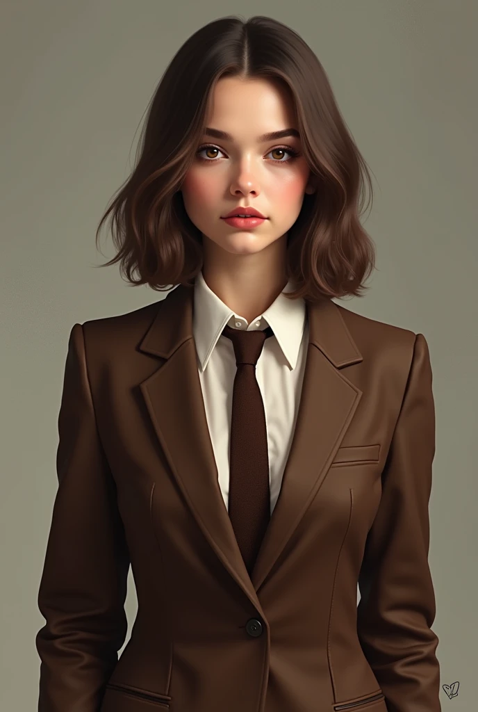 Andrei  Stoica as Chloe Grace moretz adagio dazzle  human female with brown suit and brown necktie dark brown eyes
