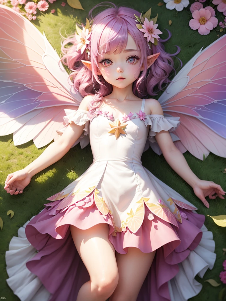 cute little fairy, , rainbowhair, pink eyes,  dress pointy ears dress made of petals leaves glitter sun leaves flowers white big fairy wings