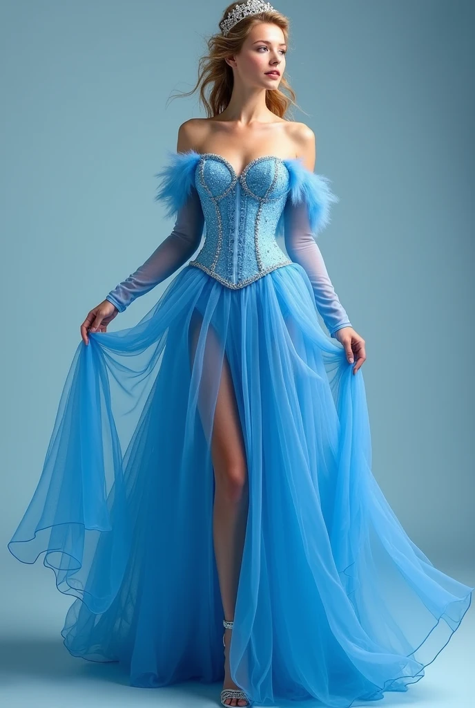 A bright blue dress inspired by Cinderella's corset, not so fluffy long and transparent blue long sleeves on the arms more open skirt