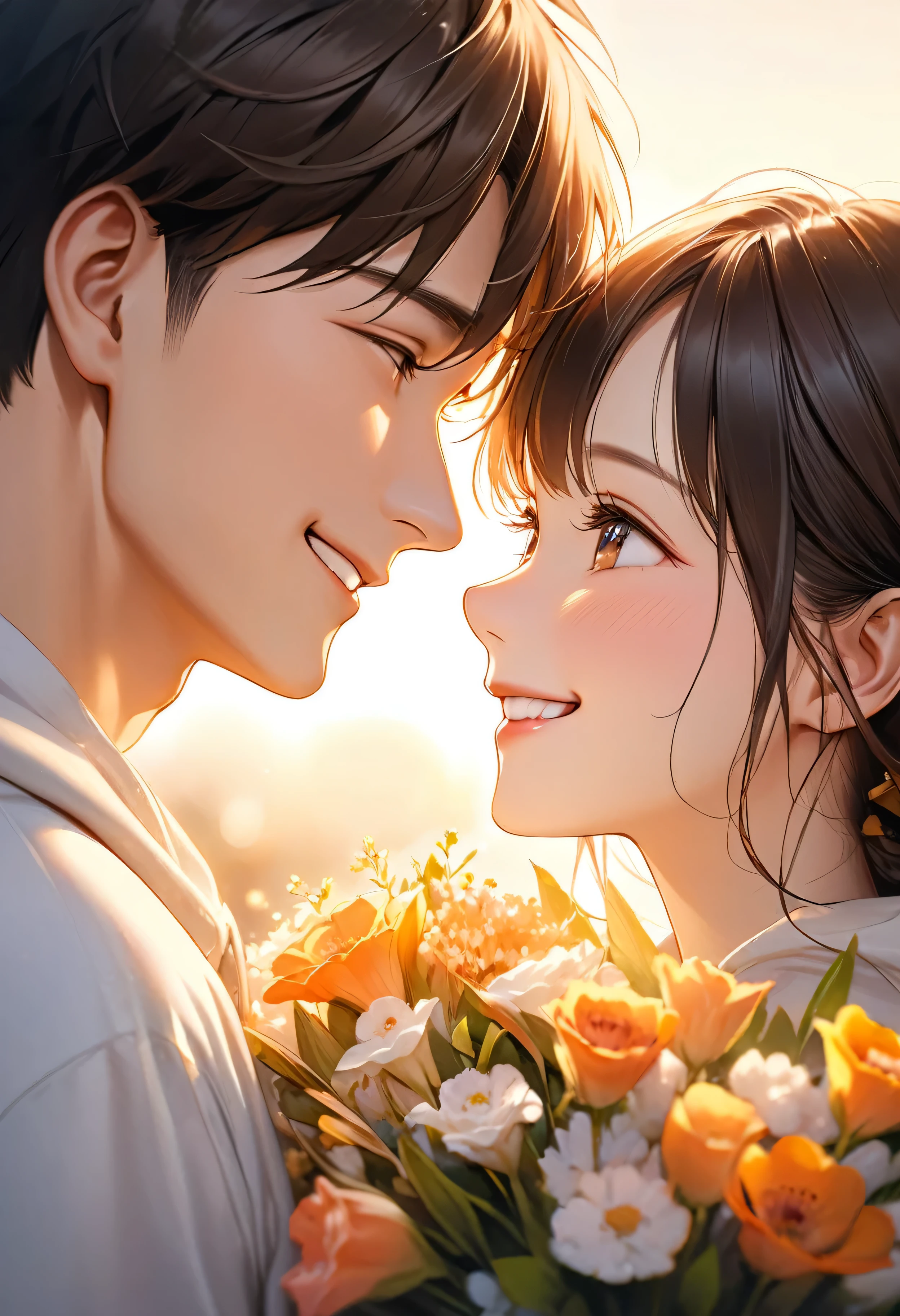 romantic korean couple, boy with bouquet of flowers hidden behind his back, girl with smile, looking at his face, soft focus background, twilight light casting a warm glow on their ecstatic faces, delicate smiles as they look into each other's eyes, delicate hooded clothes, high resolution portrait, golden hour, F 2.5 aperture, ultra realistic, digital painting