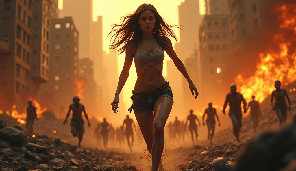 create a beautiful realistic woman with perfect details running from zombies, environment around her with destroyed buildings on fire