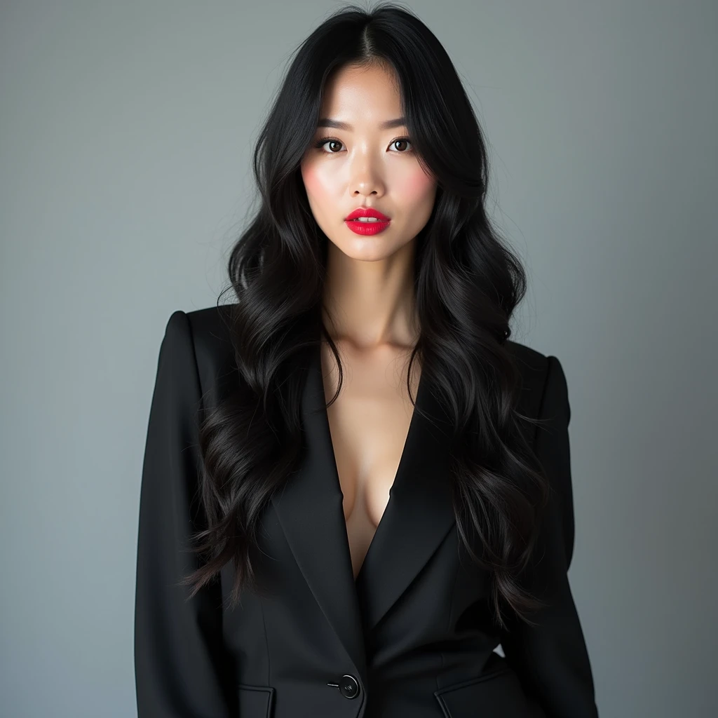 A refreshing key visual shoot for a hair salon featuring a Japanese woman with long black hair and red lips, standing in the center against a gray background.