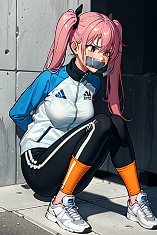 ((1 girl)), ((twin tails)), (sexy),  ((simple_background)), ((concrete floor, concrete wall)), ((underground room)), ((arms behind back)), ((scowl)), ((sitting on the knees)), ((tape gag)),  ((helpless)), ((calm)), ((struggling)), (blue tracksuit,tracksuit,tights pants, long black pants)