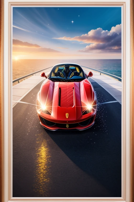 (Highest quality、masterpiece、8k))、Anatomically correct、Very detailed、High resolution、Cinematic lighting、Realistic、((Beautiful, sparkling, detailed eyes))、Intricate details、((Dynamic composition))、Cute kitten、Big head、ride a ferrari、((White frame for photos))、coastline