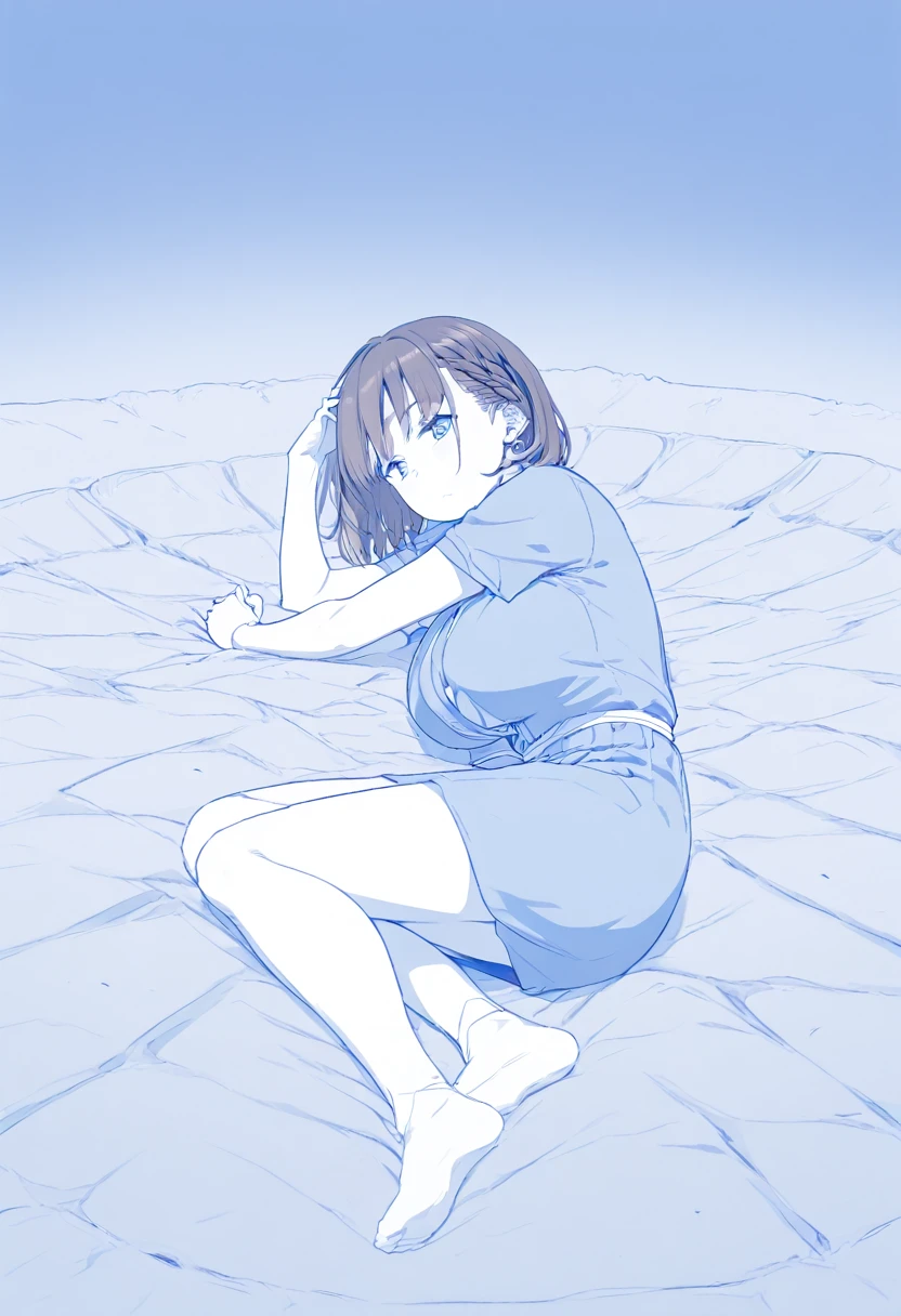 Tawawa-style,
monochrome, blue theme, Long shot, beautiful girl, high quality, masterpiece, ai-chan(tawawa), brown hair, blue eyes, short hair, bob cut, large breasts, side braid, ail,yamcha pose,on side,crater,