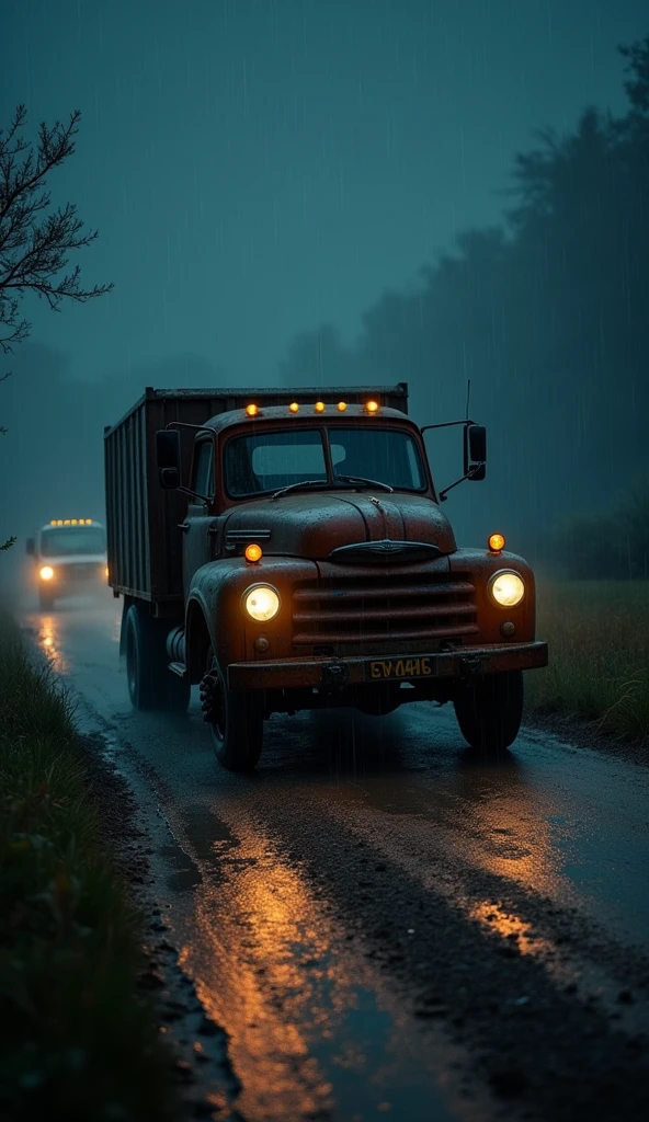Old truck on a dirt road. Rainy night, dark, 4K,realisitic, trailer, cinematic