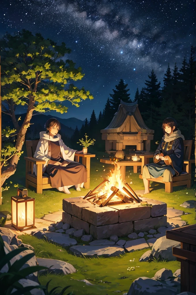 A high-fantasy anime scene depicting a cozy nighttime campsite. A gentle campfire illuminates the scene, surrounded by ancient stones covered in moss. The warm glow of the fire reflects on the soft shadows of towering trees in the background, creating a serene and relaxing atmosphere. The firelight is soft, with a golden, tranquil hue spreading across the environment. There's a small resting area with cushions and blankets positioned near the fire, suggesting a comfortable spot to unwind. The night sky is starry and clear, adding a magical touch to the scene. Peaceful and inviting ambiance with a hint of mystical charm.