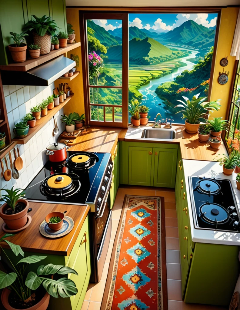 aerial view, ghibli art scene, kitchen, view of lush green valley, river flowing, Cooker on gas stove, utensils, light falling in, boho carpet, microwave, tropical plant pots, aesthetically beautiful, indoors, cozy atmosphere, micro landscape, intrinsic details, masterpiece