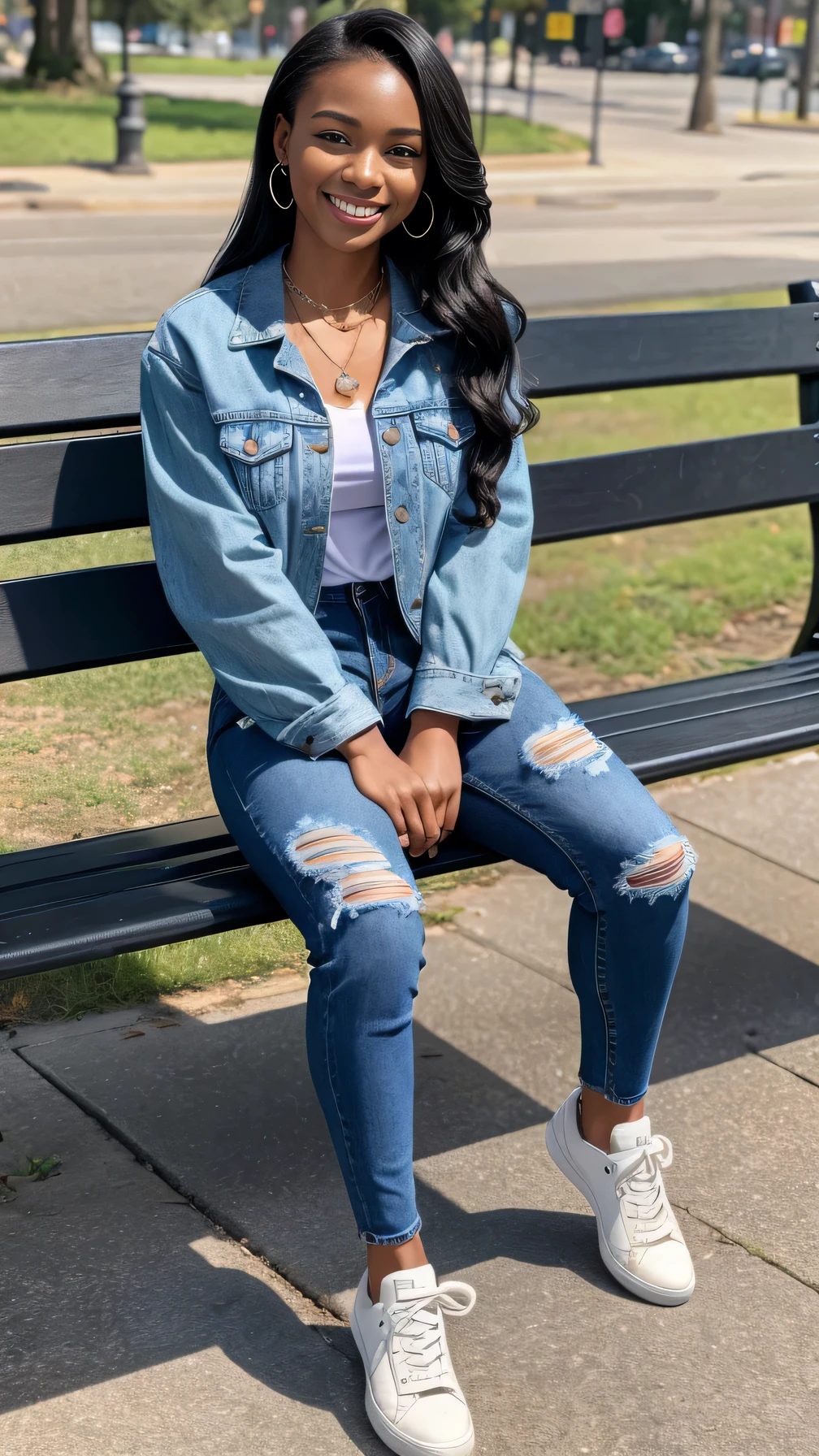 Super Resolution、Beautiful Black woman、Full body photo、sitting on a park bench、、、ear piercing、necklace、Denim jacket、shirt、Skinny jeans、sneakers、Wearing black socks、smile、Beautiful teeth alignment