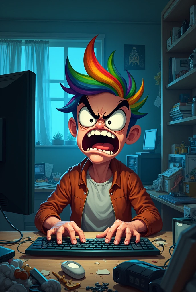 Angry redditor with rainbow haircut typing in computer on his unclean room