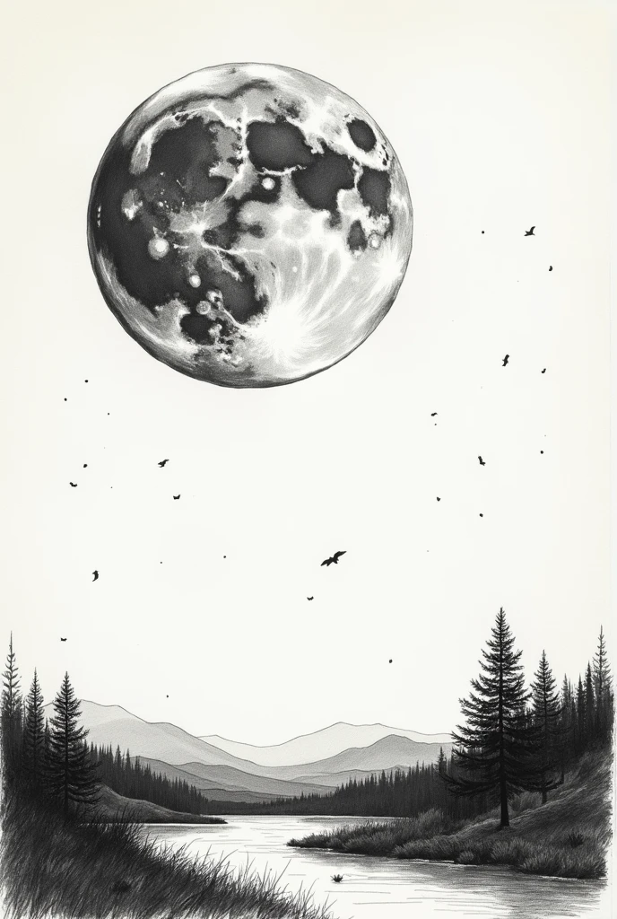 I need a black and white drawn image of the moon on any given morning