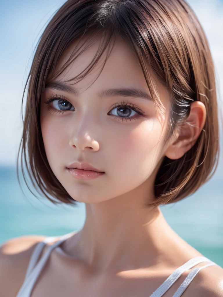 One Girl,(1人のとてもcute:1.3),masterpiece,Highest quality,High resolution,From below,Low - Angle,Photorealistic,RAW Photos,Ray Tracing,Physically Based Rendering,beautiful girl,(:1.3),cute,Big eyes,(detailed pupils:1.2),(The face is facing straight ahead:1.3),Body facing forward,Beautiful nose,High nose,Upturned nose,Fuller lips,Short blonde hair,ponytail,short hair,Detailed eyelashes,Thin eyebrows,Very fine grain definition,(Symmetrical eyes,Golden Ratio:1.3),(Face close-up,Face Focus:1.0),Small breasts,Short neck,White swimsuit,White Bikini,Ocean,Southern Island,Blue sky,White cloud,Portrait,View Viewer,Upper Body,Cinema Lighting,High resolution,Very detailed