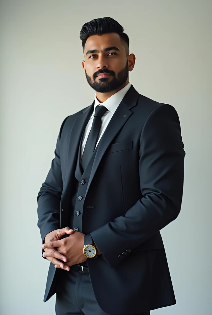 Professional full body photo of a strong posing light brown executive man , rounded face, high, sleek, black hair, short black beard, chic