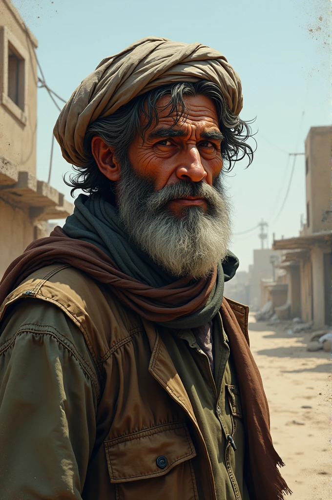 40-year-old Afghan man with dirty clothes, missing teeth, and a harasser
