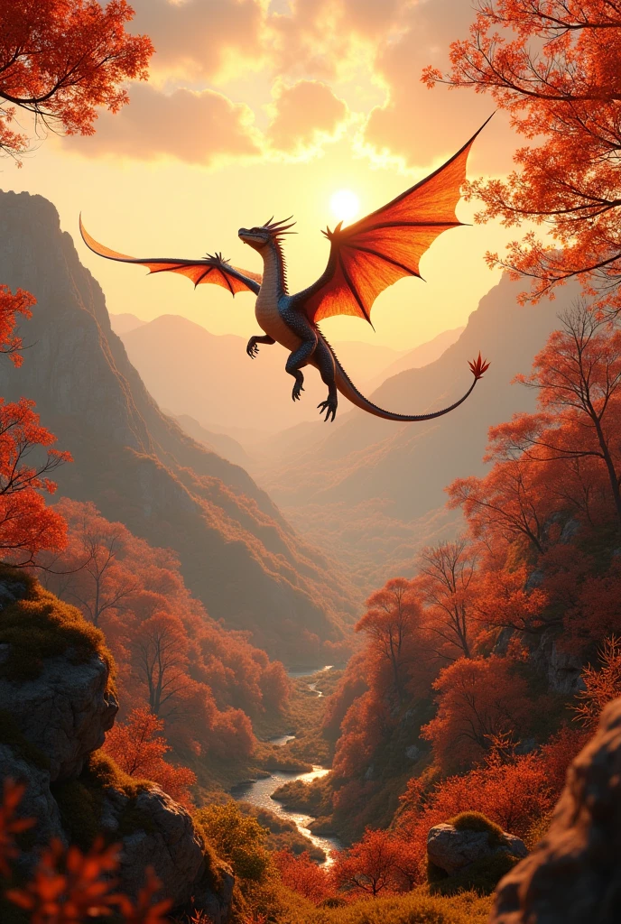 Beautiful art style，dragon，8k,Fabulous scene，Fall，Golden sunshine，Ray Tracing，Normal