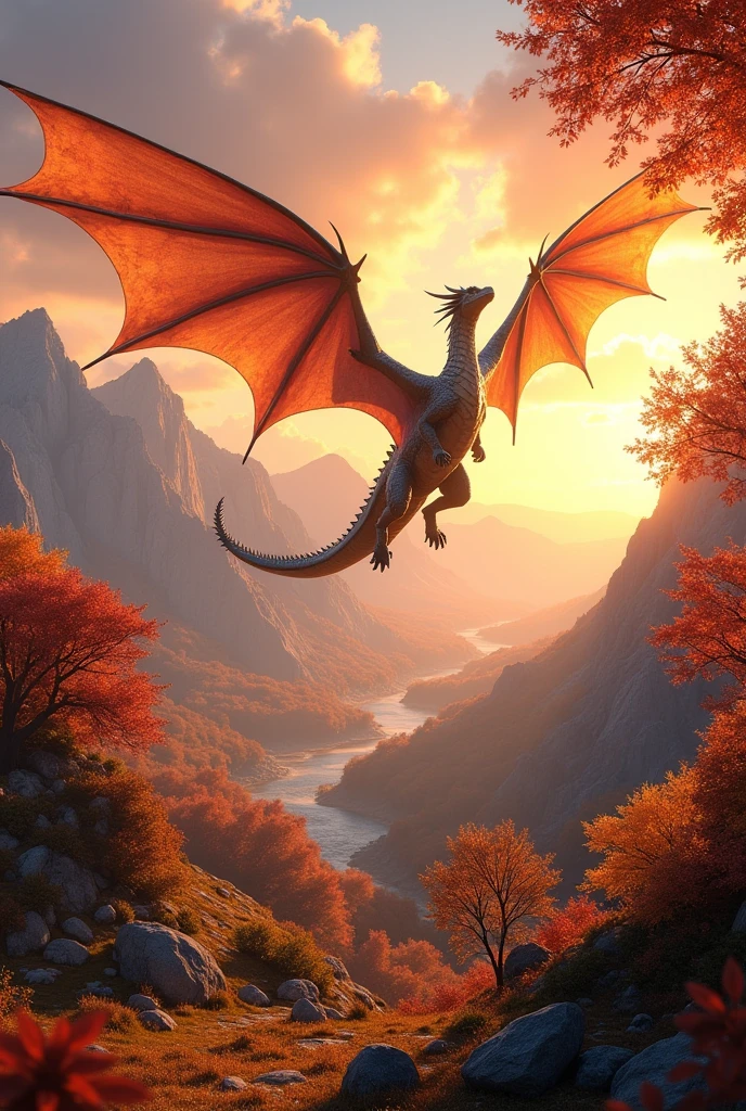Beautiful art style,dragon,8k,Fabulous scene,Fall,Golden sunshine,Ray Tracing,Normal