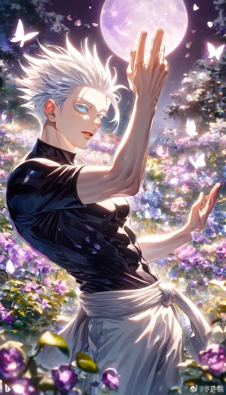 (absurdres, highres, ultra detailed, HDR) master piece, best quality, extremely detailed, delicated features, Gojou Satoru, white hair, slicked up hair, ruffled hair, expressive blue eyes, white eyelashes, Jujutsu Kaisen, solo, sexy man, handsome, sensual, black tight T-shirt, white haori, black scarf, white martial arts pants, fantasy, magical, glittering, shining, purple fire, purple moon, purple flowers, purple butterflies, garden